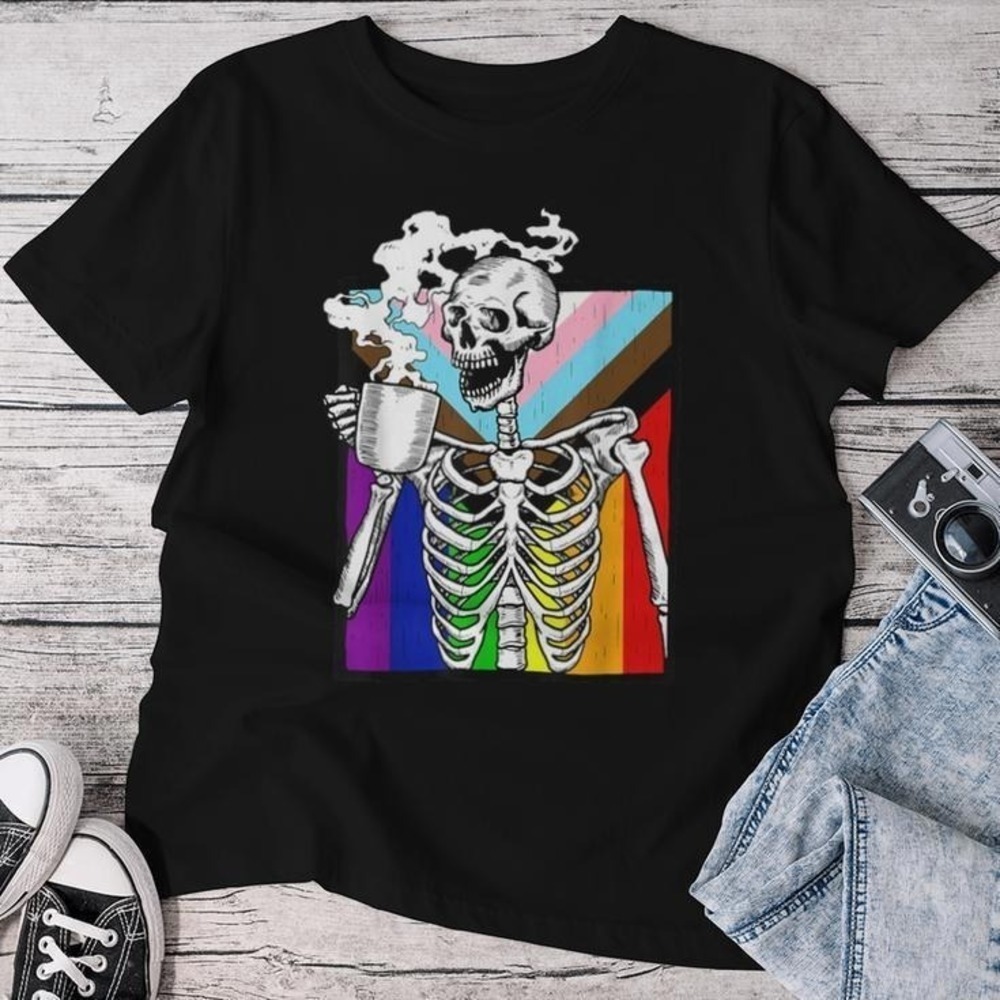 Pride Rainbow Skeleton Shirt, Colorful LGBT Coffee Lover Graphic Unisex Tee 05